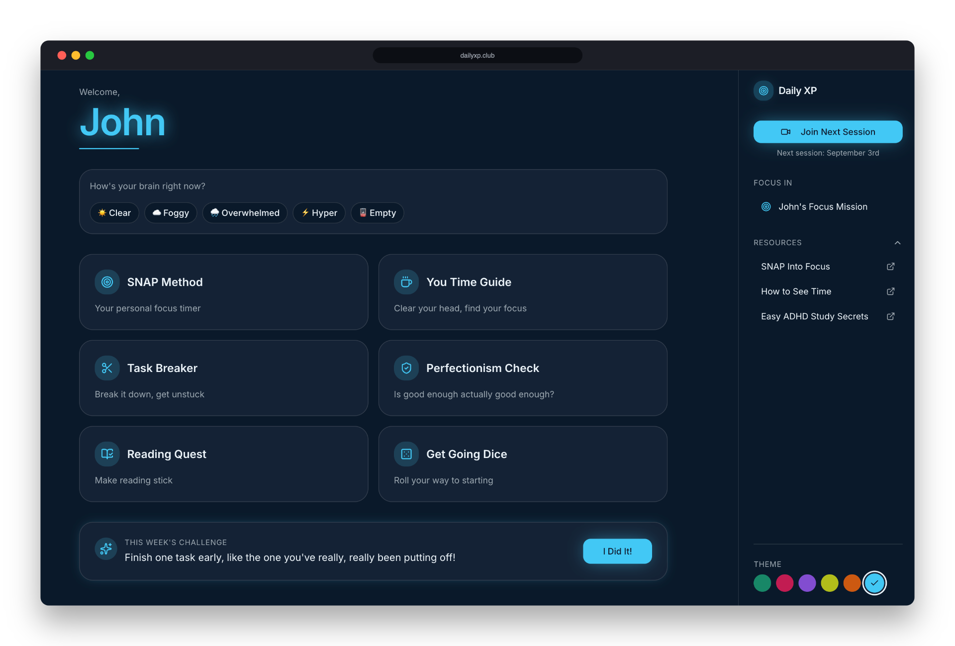 Daily XP dashboard themed blue for student John